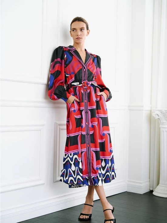 Ciebon Dresses & Skirts - Ciebon Vibrant Red & Black Printed Midi Shirt Dress